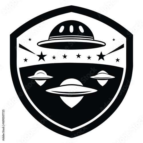 Ufo invasion badge isolated on white background a collection of alien spaceship icons in a shield shape