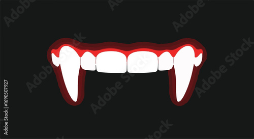 Fierce vampire fangs with dripping blood on a dark background, symbolizing horror and mystery