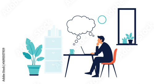 Focused businessman contemplating new ideas while working on laptop in modern minimalist office space