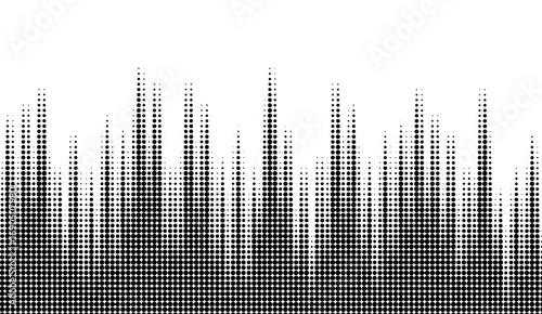 A dynamic black and white halftone pattern forms a visual spectrum with dotted gradients creating an abstract sound wave or city skyline effect against a clean white backdrop
