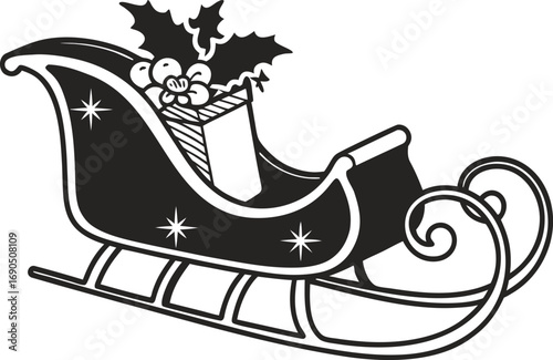 Vector art of festive christmas sleigh, adorned with stars and a present, evoking holiday cheer and the spirit of giving during the season
