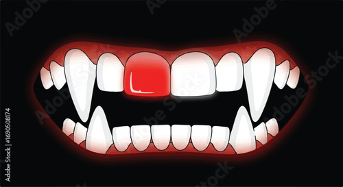 Fierce vampire fangs with a single bloody tooth, glowing red in the darkness.