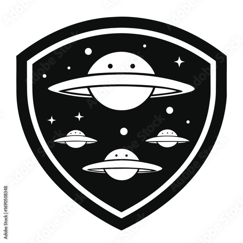Monochrome space badge with ufos and stars in a shield shape, perfect for space themed designs