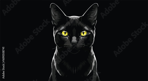 Mysterious black cat with piercing yellow eyes stares intently in dramatic dark lighting