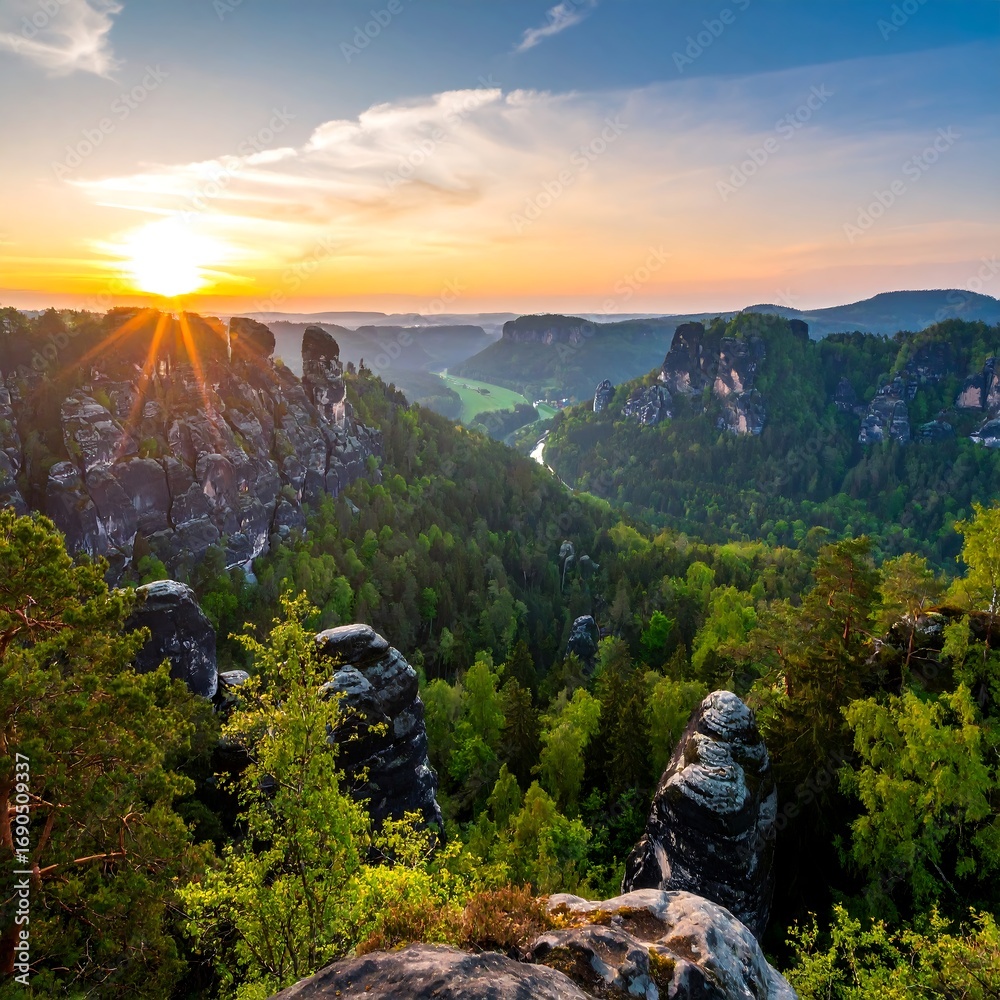 Fototapeta premium Sunrise over a valley with rock formations