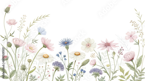Soft wildflower bouquet in pastel watercolor style, PNG, isolated on transparent background.