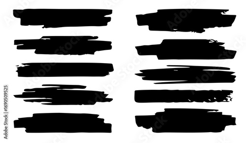 Ten black brush strokes of various shapes and sizes stand out against a stark white backdrop, creating a bold and artistic arrangement for design and creative projects
