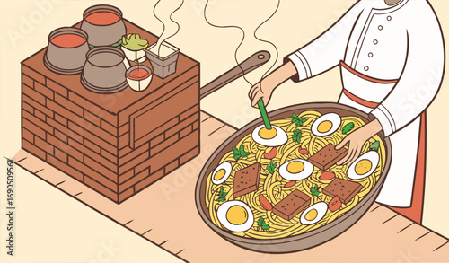 “A highly detailed close-up illustration of a Pakistani chef garnishing a huge steaming deg of biryani: saffron rice, tender meat pieces, boiled eggs, green chilies, fried onions, and coriander leaves
