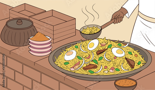 “A highly detailed close-up illustration of a Pakistani chef garnishing a huge steaming deg of biryani: saffron rice, tender meat pieces, boiled eggs, green chilies, fried onions, and coriander leaves