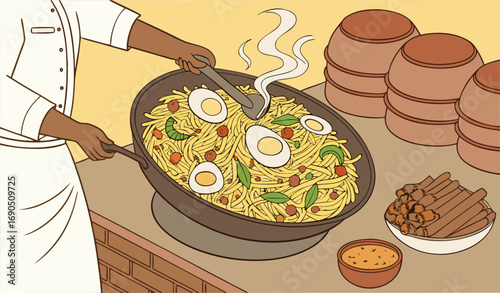 “A highly detailed close-up illustration of a Pakistani chef garnishing a huge steaming deg of biryani: saffron rice, tender meat pieces, boiled eggs, green chilies, fried onions, and coriander leaves