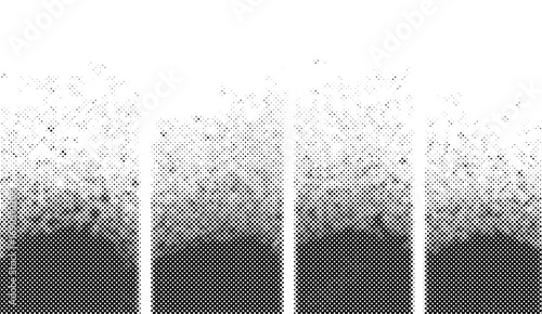 This monochromatic halftone vector graphic showcases a gradient of black dots forming abstract shapes and columns, creating a textured, vintage-inspired, patterned background