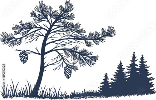 Vector art of pine tree silhouette with cones and grass, , depicting a serene forest landscape and the beauty of nature in a minimalist style