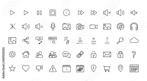Collection of minimalist black and white icons representing various digital functions silhouette