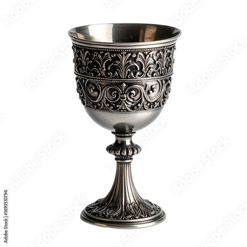 An intricately designed pewter goblet with ornate floral engravings, standing on a decorative stem with detailed reliefs and a flared rim. Great for eerie Halloween posters and festive layouts.