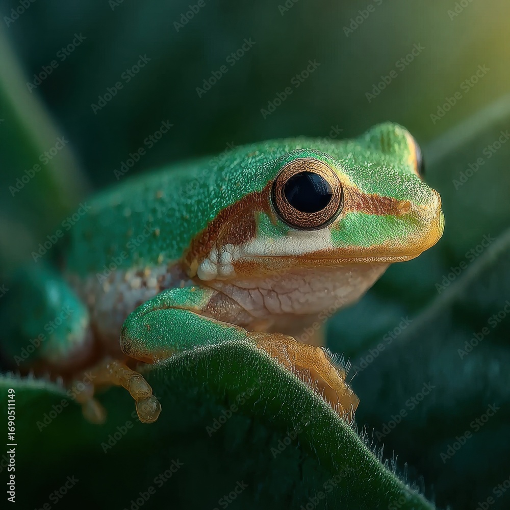 Obraz premium A Small Green Frog Sits Comfortably on a Lush Green Leaf in the Morning Sunlight