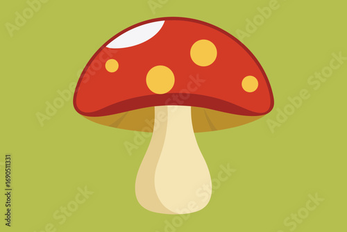 Vector art of a vibrant cartoon illustration showcases a red mushroom with yellow spots, standing out against a green background
