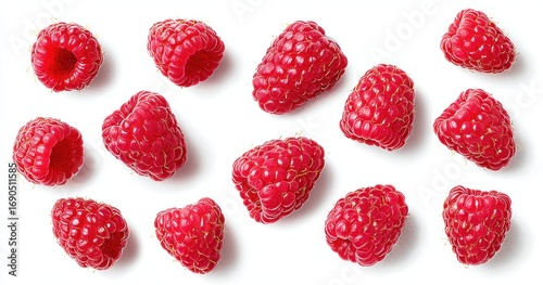 Vibrant red raspberries, scattered irregularly, cast soft shadows on a bright white surface. Bright, juicy, and ripe, arranged artfully