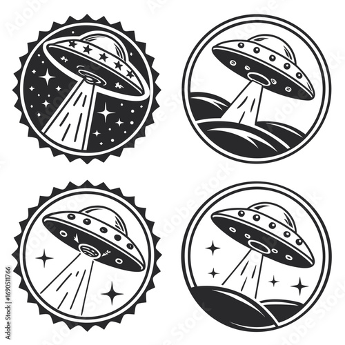 Collection of four ufo spaceship badges isolated on white background, vector illustration of alien spacecrafts