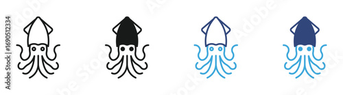 Squid icon set in outline and flat style , vector illustration. 