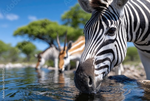 animals drinking at the watering hole in an african savannah, zebras and antelope together near the waterhole