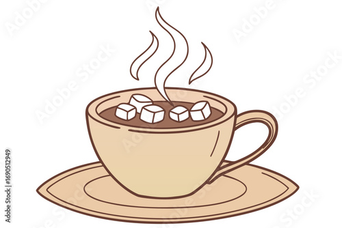 Vector art of a steaming cup of hot chocolate with marshmallows on a saucer, perfect for a cozy winter day