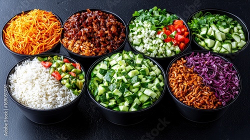 Colorful Bowls of Various Meal Ingredients on Dark Background, Generative AI