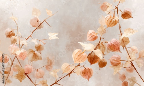 A painting of a branch with orange flowers on it