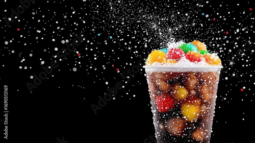 Colorful Candies in Fizzy Dark Liquid Splashing Against Black Background, Generative AI