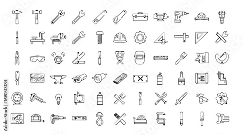 Collection of various hand tools and workshop equipment in a silhouette style