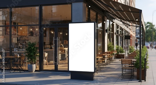 Blank advertising billboard stands outside a modern cafe with outdoor seating area mockup space