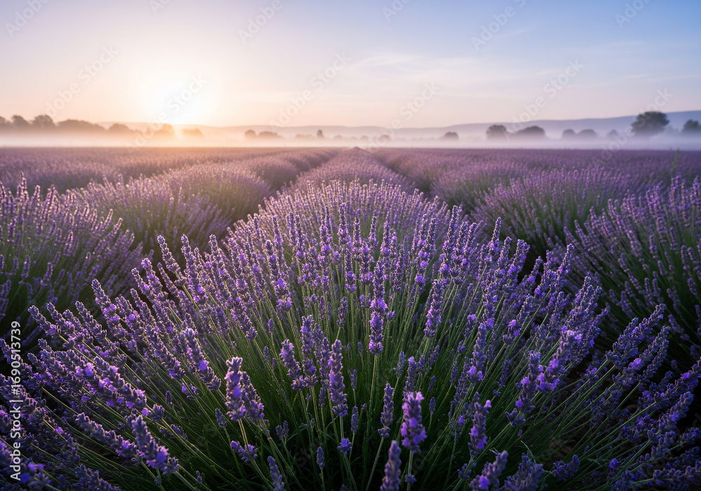 Fototapeta premium The tranquil beauty of a misty sunrise over endless rows of blooming purple lavender in a rural landscape