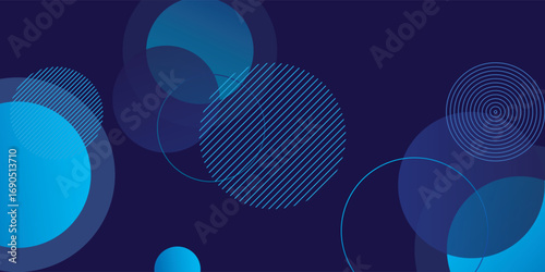 Navy blue background featuring various geometric shapes, including circles filled with diagonal lines and concentric rings, enhanced by gradient blue hues to create depth and visual interest