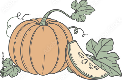 Vector art of a delightful pumpkin and slice illustration, showcasing the essence of autumn with its vibrant orange hue and lush green leaves