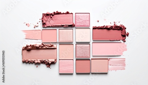 Square pink makeup palette swatches arranged neatly, modern flat lay style