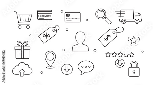 Collection of e commerce and online shopping icons in a simple silhouette style