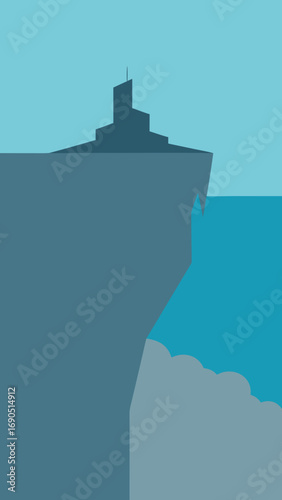 Minimalist vector landscape illustration of a coastal fortress on a cliff