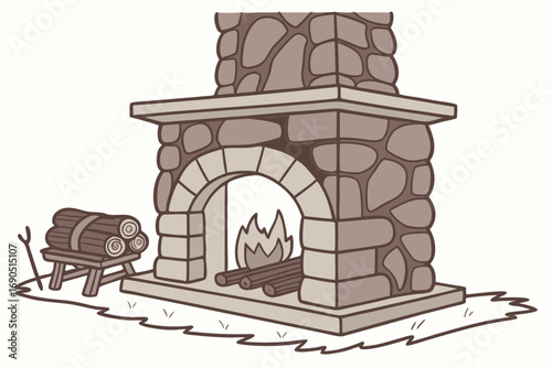 Vector art of a rustic stone fireplace with a stack of firewood and burning logs, creating a warm and inviting atmosphere