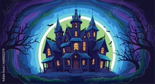 Mysterious haunted mansion under a swirling, eerie night sky with bare trees framing the scene.