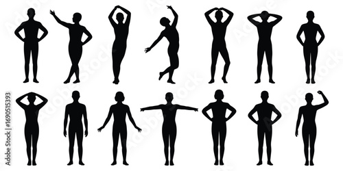 Silhouettes of diverse human figures in various poses on white background people