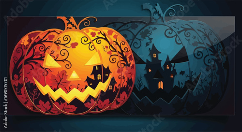 Spooky Halloween pumpkins with haunted houses inside, glowing with eerie light for a festive holiday.