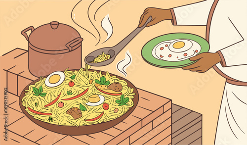 “A highly detailed close-up illustration of a Pakistani chef garnishing a huge steaming deg of biryani: saffron rice, tender meat pieces, boiled eggs, green chilies, fried onions, and coriander leaves