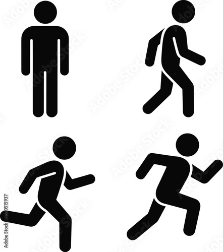 Stick figure icons of a person standing and running on white background walking