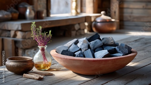Sunlit rustic wooden table displays a terracotta bowl of dark charcoal chunks, a small glass vase with purple sprigs, and other assorted rustic items including a small bronze bowl and sticks.