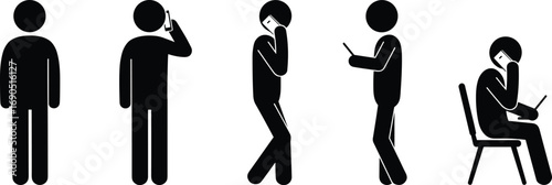 Stick figure people using mobile phones and laptop on white background Keywords: stick figure, person
