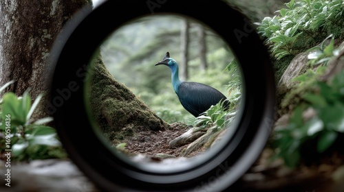 Bird framed by a circular lens, a vibrant blue bird in a lush garden setting