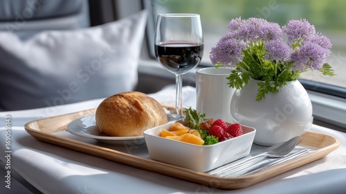 Luxurious train travel meal;  a tray holds fruit salad, bread, a glass of red wine, and flowers, bathed in sunlight near a window