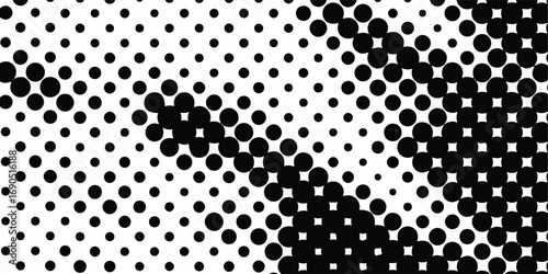 Monochrome halftone pattern showcases a striking contrast with densely packed black circles gradually diminishing in size against a clean white backdrop, creating visual depth