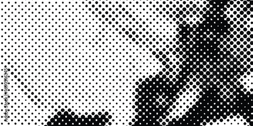 Monochrome halftone pattern displays a transition from sparse to dense black dots, creating a textured visual effect with an alternating gradation across a clean, white backdrop