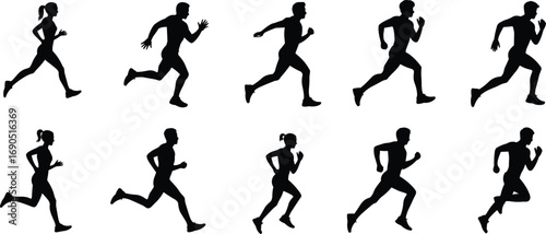 Ten Black Silhouettes Of Runners In Motion On White Background running athletes