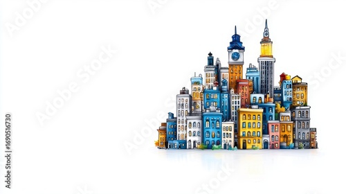 Colorful Block Cityscape Model on White Background, Generative AI